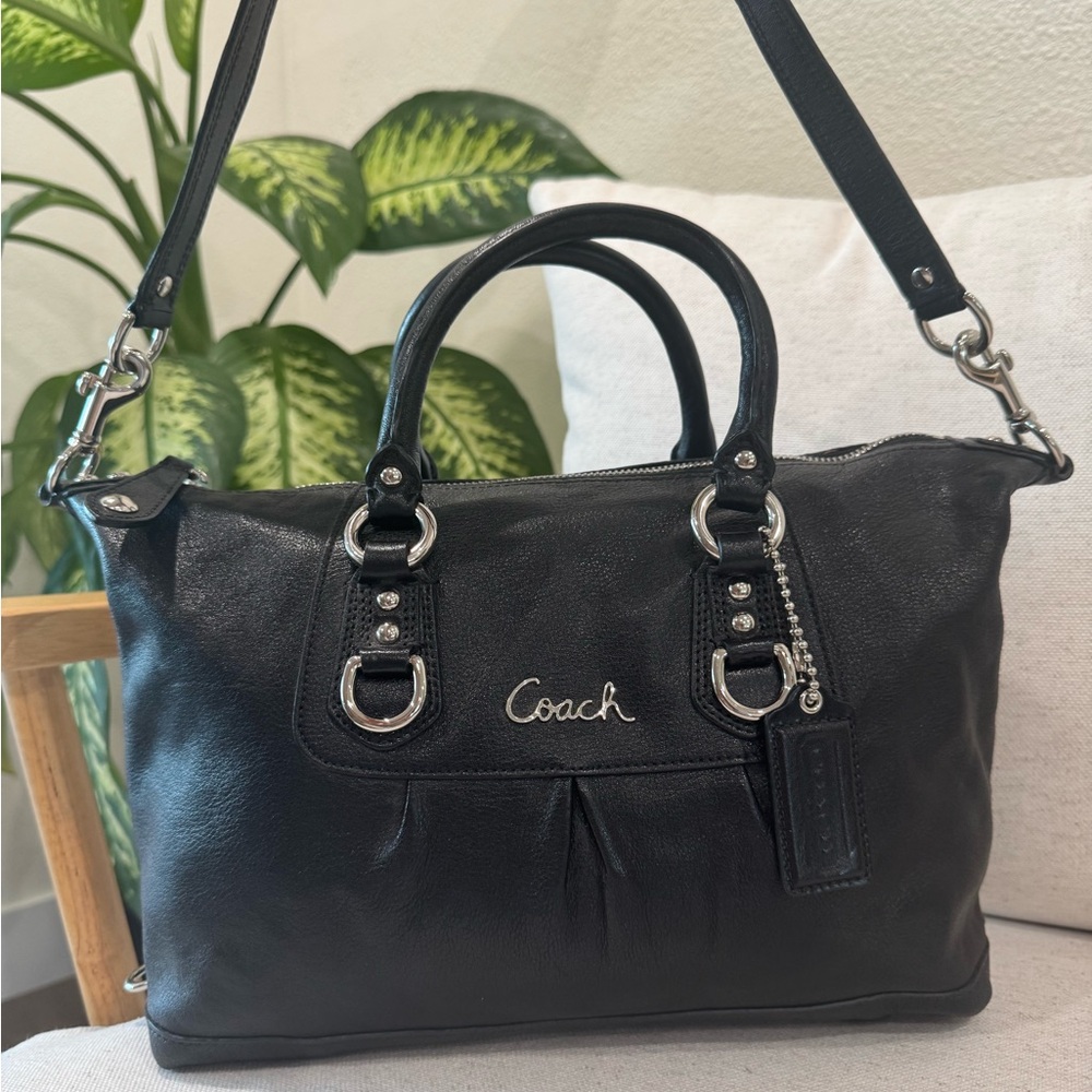Coach Ashley Large Black Leather Two Way Satchel Shoulder Crossbody Bag #F15447 - Picture 4 of 17